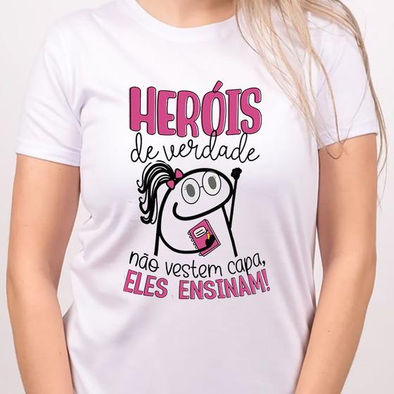 Imagem de 1 Camiseta Bonequinho Flork Dia dos Professores Heróis de Verdade não vestem Capa eles ensinam Professora Camisa Divertida