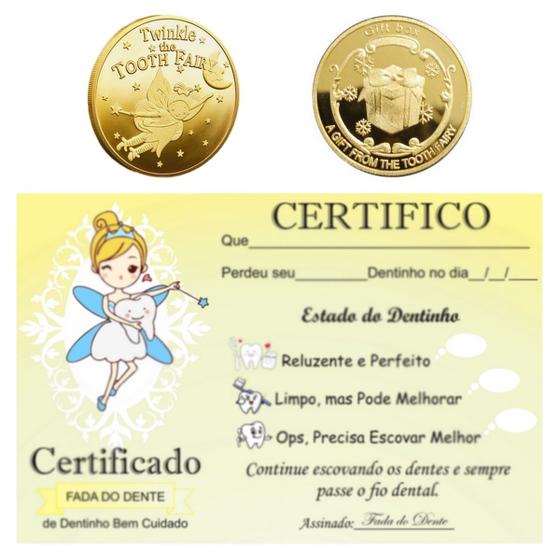 Imagem de 1 Moeda Fada Do Dente Leite Tooth Fairy + 1 Certificado Dentinho Bebe Baby Dourado mod01