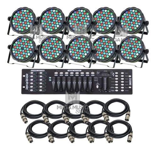 Imagem de 10 Canhao Refletor Led Par64 Rgbw 54 Leds 3w + Mesa Dmx + Cabos 2m