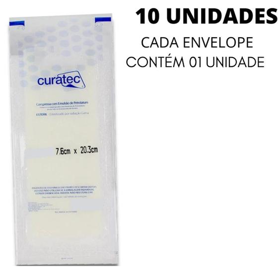 Imagem de 10 Curativo Compressa Petrolatum Para Pele Ferida Alta Absorção Ráida Cicatrização 7,6cm x 20,3 - Curatec