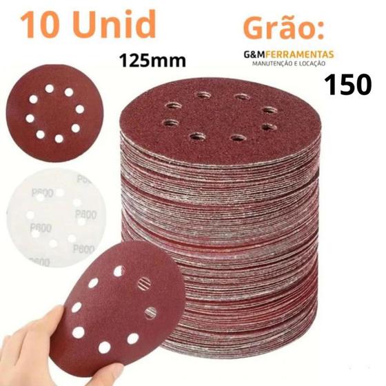 Imagem de 10 Discos de Lixa 8 Furos Grão 150 Autocolante 125mm Para Polir Ferro Metal Madeira e Massa