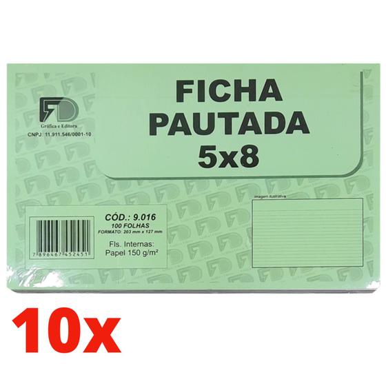 Imagem de 10 Fichas Pautada 5x8 Branco 150g