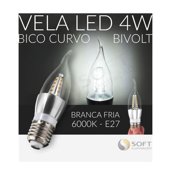 Imagem de 10 Lâmpadas Vela LED C/Bico Curvo 4w Bivolt E27 - Luz Branca Fria/6000K - Lustres/Arandelas