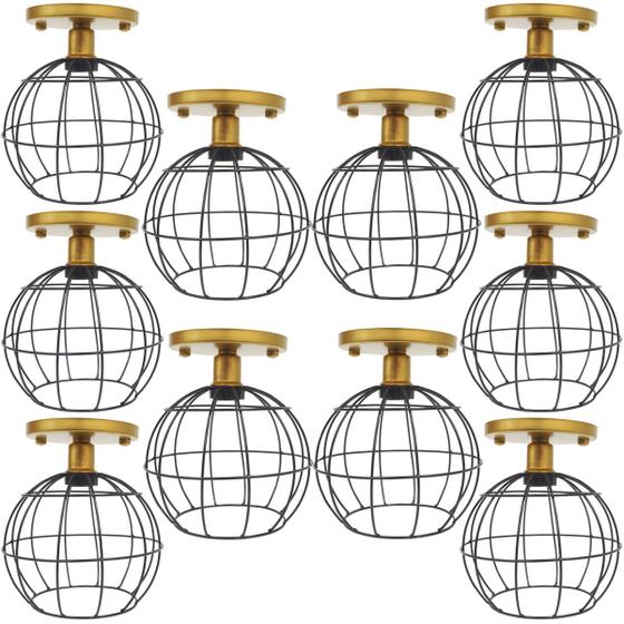 Imagem de 10 Lustres Teto Plafon Industrial Aramado Globo Preto Retrô Luminária Vintage Dourado Agp Ilumini