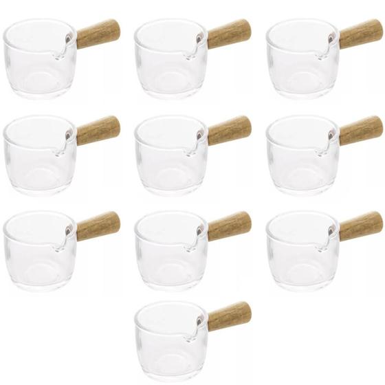Imagem de 10 Molheiras Cremeira de Vidro 100ml Cabo de Bambu Lyor Caldas Mesa Posta Molhos Shoyu