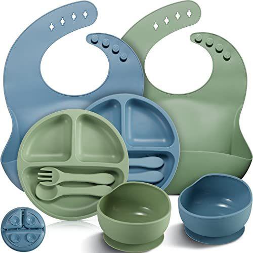 Imagem de 10 Pacote silicone baby feeding set, crianças led we'sing feeding supplies with Suction Baby Bowl Split Plate Ajustável Bib Soft Silicone Spoon Fork, Infant Self Eating Utensil Set (Azul, Verde)