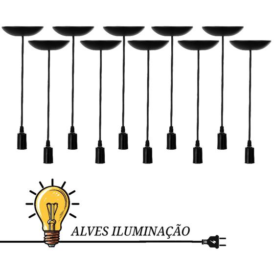 Imagem de 10 Pendente Luminária Fio Cabo Lustre Decorativo Soquete Liso E-27 1 Lâmpada Completo