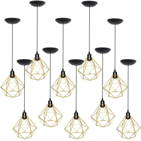 Imagem de 10 Pendentes Aramado Diamante Luminária Lustre P Teto Retrô Vintage Industrial Balcão Dourado