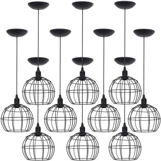 Imagem de 10 Pendentes Aramado Globo Luminária Lustre Teto Retrô Vintage Industrial Balcão Preto