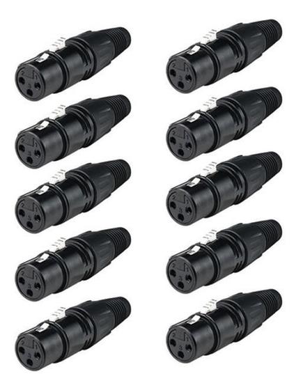 Imagem de 10 Plug Conector Xlr Canon Fêmea 3 Pinos Metal Preto Luminos