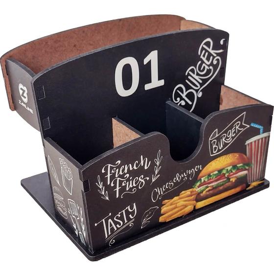 Imagem de 10 Porta Guardanapos e Sachês de Mesa em MDF Personalizados Burger para Lanchonete Zanline