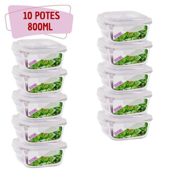 Imagem de 10 Potes Hermetico 800ml Quadrado Vidro Microondas Grande