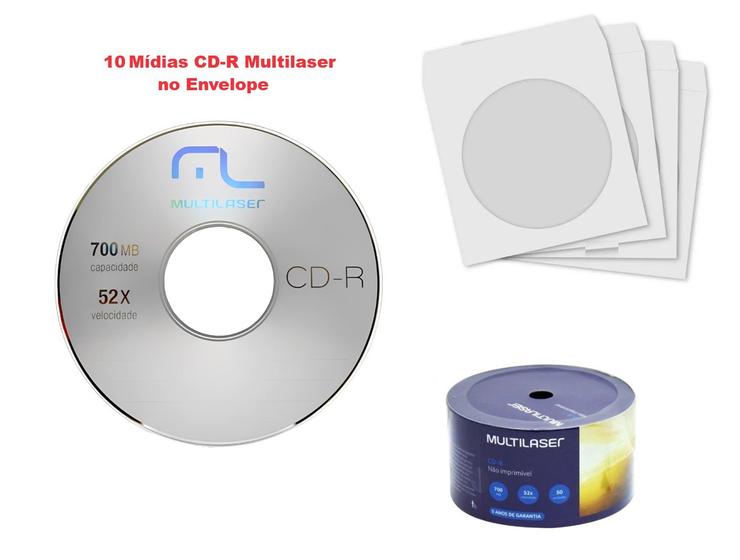 Imagem de 10 Unidades Mídia CD-R Não Imprimível Multilaser no Envelope