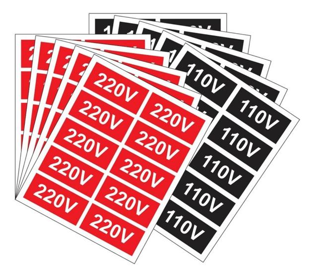 Imagem de 100 Adesivos para identificação de tomadas 220v e 110v sendo 50 de cada