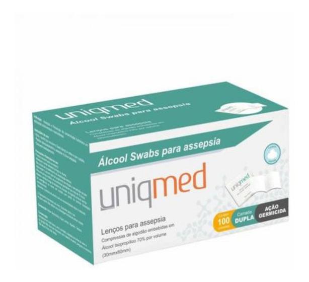 Imagem de 100 Álcool 70% Swabs Saches Uniqmed Lenço umedecido para assepsia