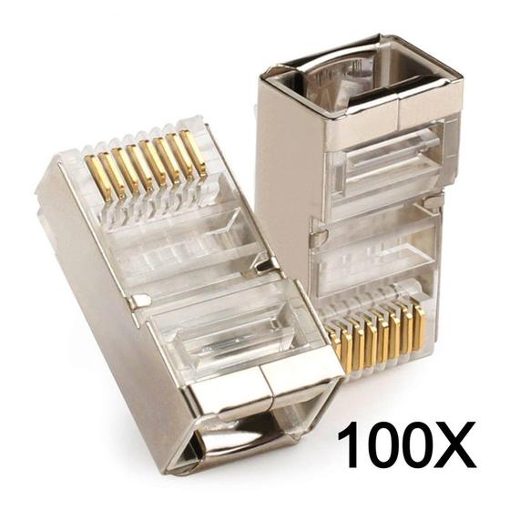 Imagem de 100 Conector RJ45 Cat5e Blindado Macho Plug Rede Gigabit Lan