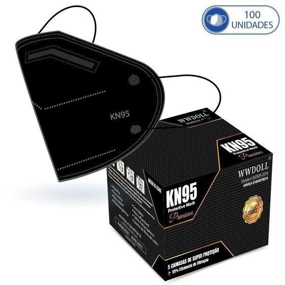 Imagem de 100 Máscaras KN95 Premium Descartáveis Preta WWDoll com Filtro Clipe para Nariz 95% de Eficiência
