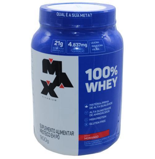 100 Whey Protein Max Titanium Proteina Sabor Morango 900Gr Massa
