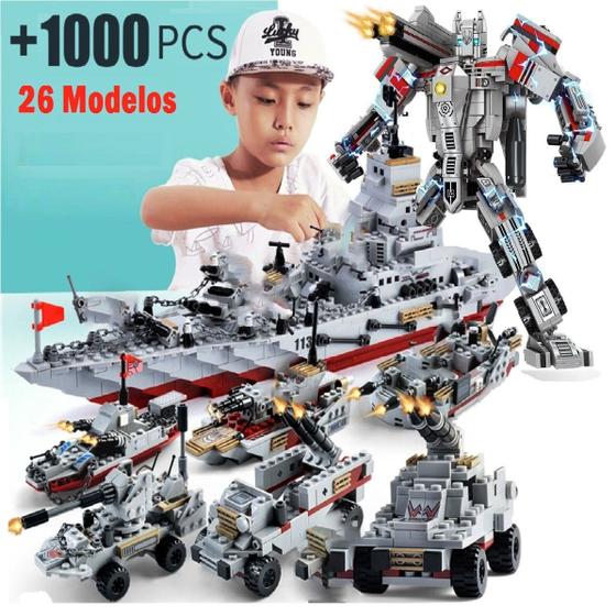 Imagem de +1000 Peças Blocos de Montar Mega Navio + Mega Robô + 24 Veículos de Combate e Guerra: Carros, Aviões, Tanques...
