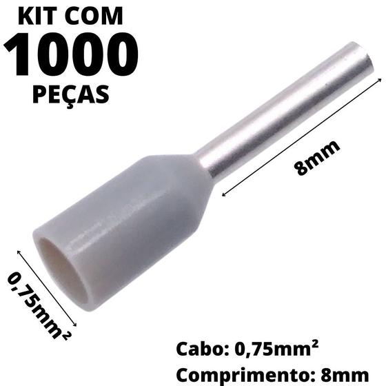 Imagem de 1000un Terminal Tubular Ilhós Pré-isolado Simples Para Cabo de 0,75mm² Metal 8mm Cinza E7508