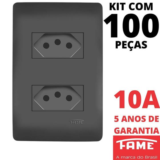 Imagem de 100un Tomada Padrão Dupla 2P+T 10A Com Placa Habitat Black FAME