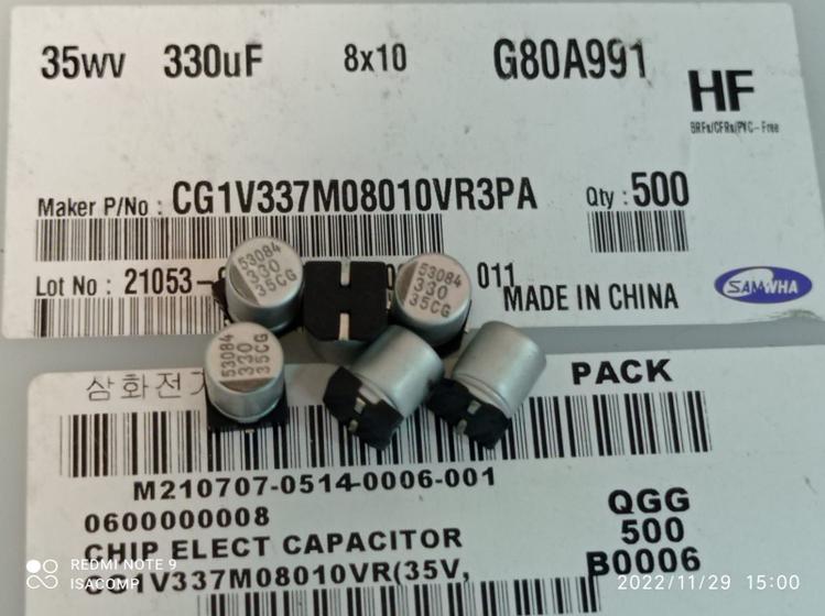 Imagem de 100x Capacitor Eletrolitico 330uf/35v Smd 105º 8x10mm Samwha