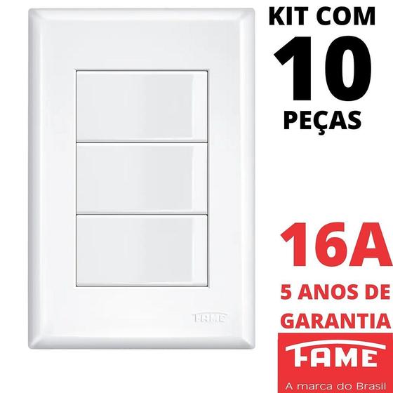Imagem de 10un Interruptor Paralelo Three Way 3 Teclas 16A Com Placa Evidence FAME