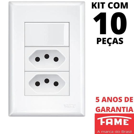 Imagem de 10un Interruptor Simples 16A e Tomada Dupla Padrão 2P+T 20A Com Placa Evidence FAME