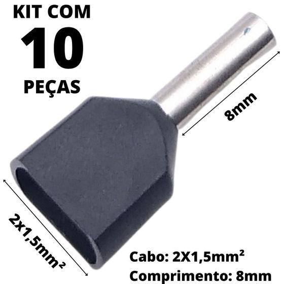 Imagem de 10un Terminal Tubular Ilhós Pré-isolado Duplo Para Cabo de 1,5mm² Metal 8mm Preto TE1508