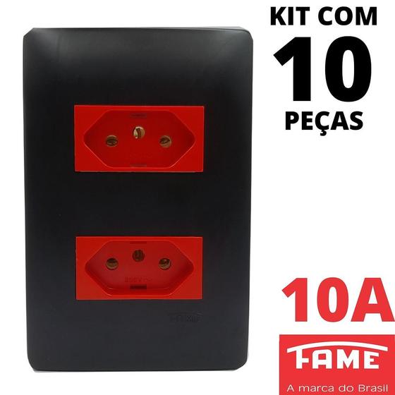 Imagem de 10un Tomada Padrão Dupla 2P+T 10A Vermelha Com Placa Habitat Black FAME