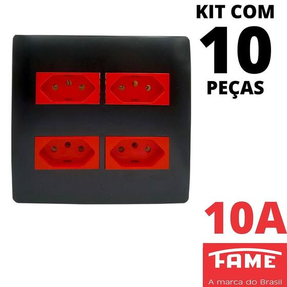 Imagem de 10un Tomada Padrão Quadrupla 2P+T 10A 4X4 Vermelha Com Placa Habitat Black FAME