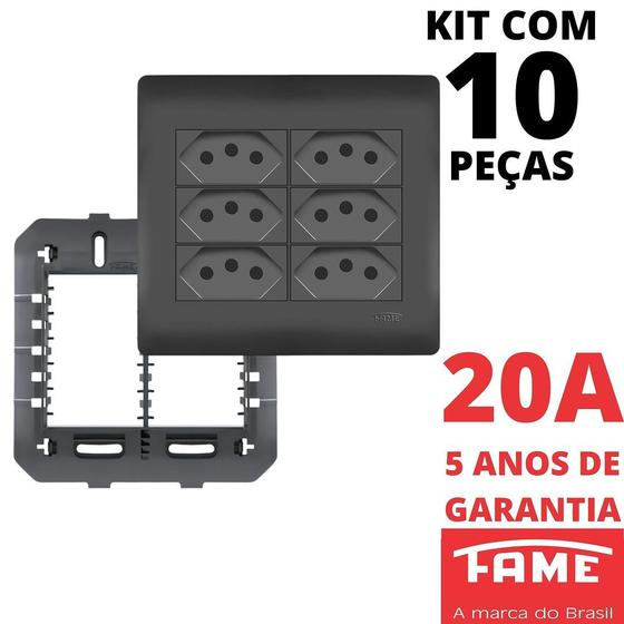 Imagem de 10un Tomada Padrão Sextupla 2P+T 20A 4X4 Com Placa Habitat Black FAME