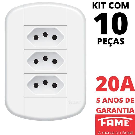 Imagem de 10un Tomada Padrão Tripla 2P+T 20A Com Placa Blanc Mais FAME