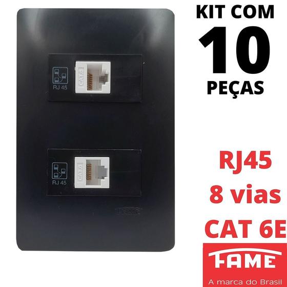 Imagem de 10un Tomada Rede RJ45 CAT 6E 8 Vias Dupla Com Placa Habitat Black FAME