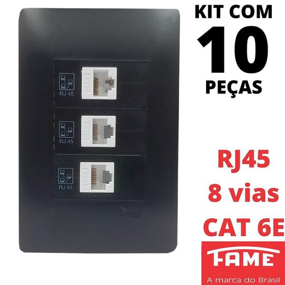 Imagem de 10un Tomada Rede RJ45 CAT 6E 8 Vias Tripla Com Placa Habitat Black FAME