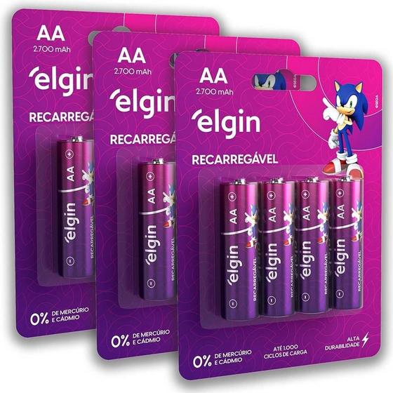 Imagem de 12 Pilha Recarregável Aa 2700Mah C/4 Kit 3 Blister Elgin