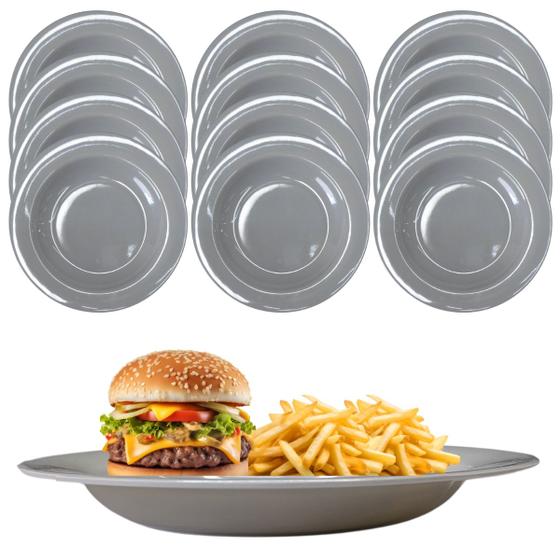 Imagem de 12 Pratos Fundo Melamina Refeição 23cm Cozinha Refeição Cinza