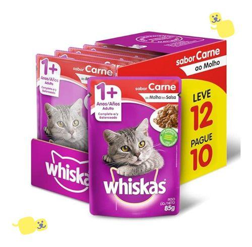 Imagem de 12 Sachês Alimento Úmido Whiskas Adulto Carne Ao Molho 85g