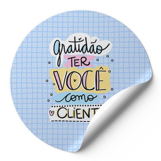 Imagem de 120 Etiquetas Adesivas Redondas Gratidão Ter Você Como Cliente Impressão De Alta Qualidade Quadriculado Azul AD206