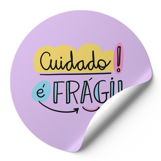 Imagem de 120 Etiquetas Auto Colante Adesivos Redondos Cuidado É Frágil Fundo Lilás AD00449