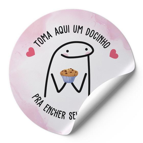 Imagem de 120 Etiquetas Auto Colante Adesivos Redondos Meme Bentô "Toma Aqui Um Docinho, Pra Encher Seu Buchinho" Brigadeiro, Doces Etc Fundo Boho Rosa AD00406