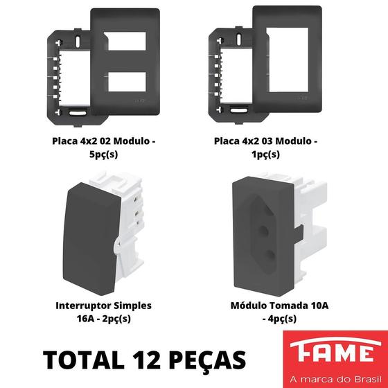 Imagem de 12un Tomadas Interruptores 4x2 Com Placa Habitat Black FAME