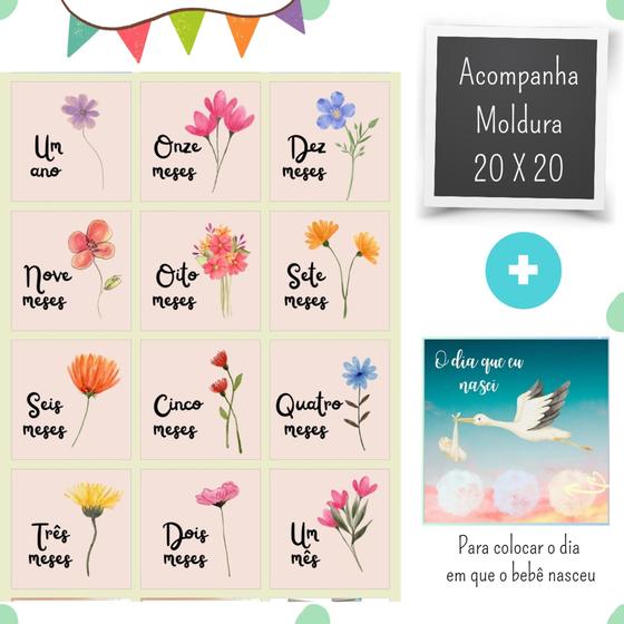 Imagem de 13 plaquinhas mesversário bebê-flores aquarela(kit 1 a 12 meses + o dia que nasci) +1 moldura branca