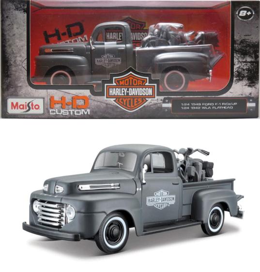 Maisto 1/24 – Ford F-1 1948 & Harley-Davidson WLA – Gris Foncé – Lot Miniatures