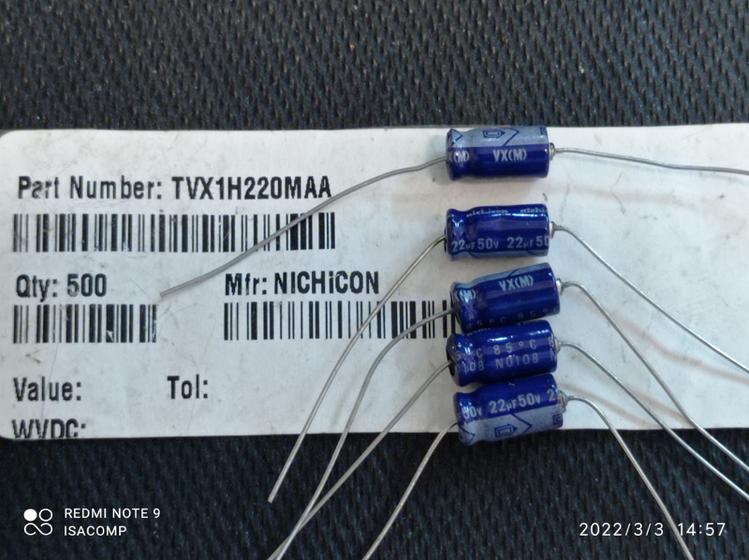 Imagem de 1x Capacitor Eletrolitico 22uf/50v Axial 85º 6,3x12mm