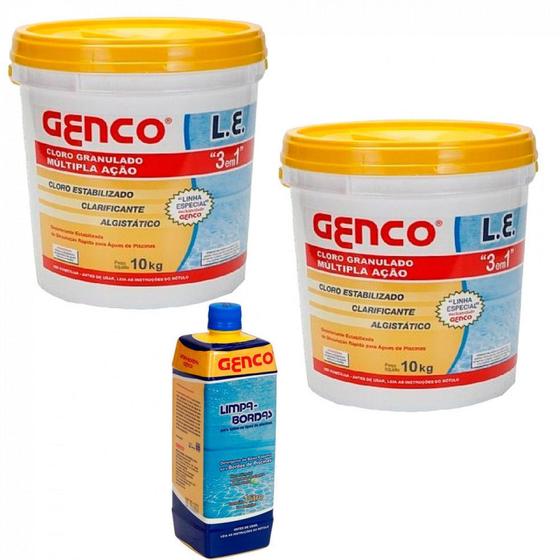 2 Baldes de Cloro Granulado 10 Kg 3 em 1 + Limpa Borda 1 Litro Genco Menor preço em 2 Baldes de Cloro Granulado 10 Kg 3 em 1 + Limpa Borda 1 Litro Genco