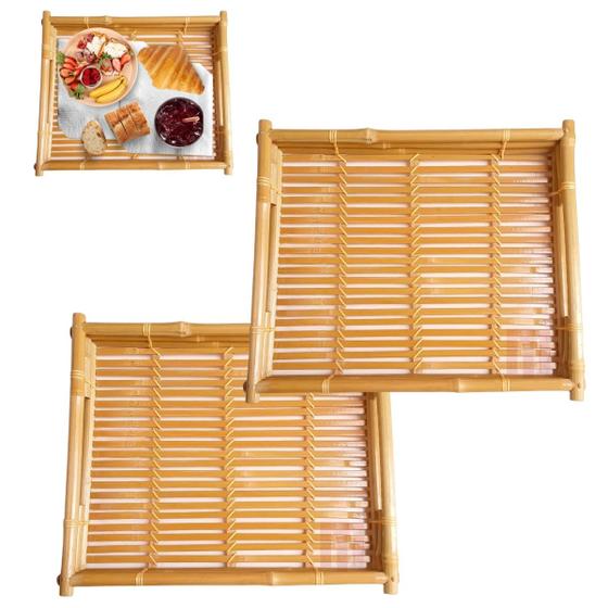 Imagem de 2 Bandejas Bambu Artesanal Retangular Servir Com Alça 37cm