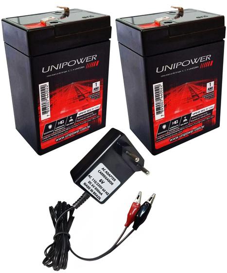 Imagem de 2 Bateria Recarregável Unipower 6v 4,5ah Carregador 6v 800mah Plug Garra Jacaré