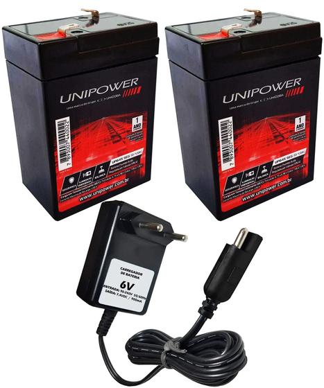 Imagem de 2 Bateria Unipower Recarregável 6v 4,5ah Carregador 6v 900mah Plug Bandeirantes Carrinho Moto Elétrica