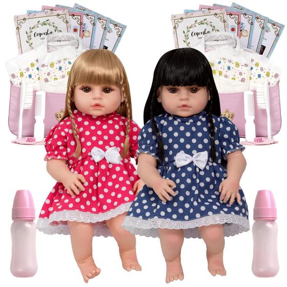 Imagem de 2 Boneca Reborn Gêmeas De Silicone Enxoval Completo Bolsa